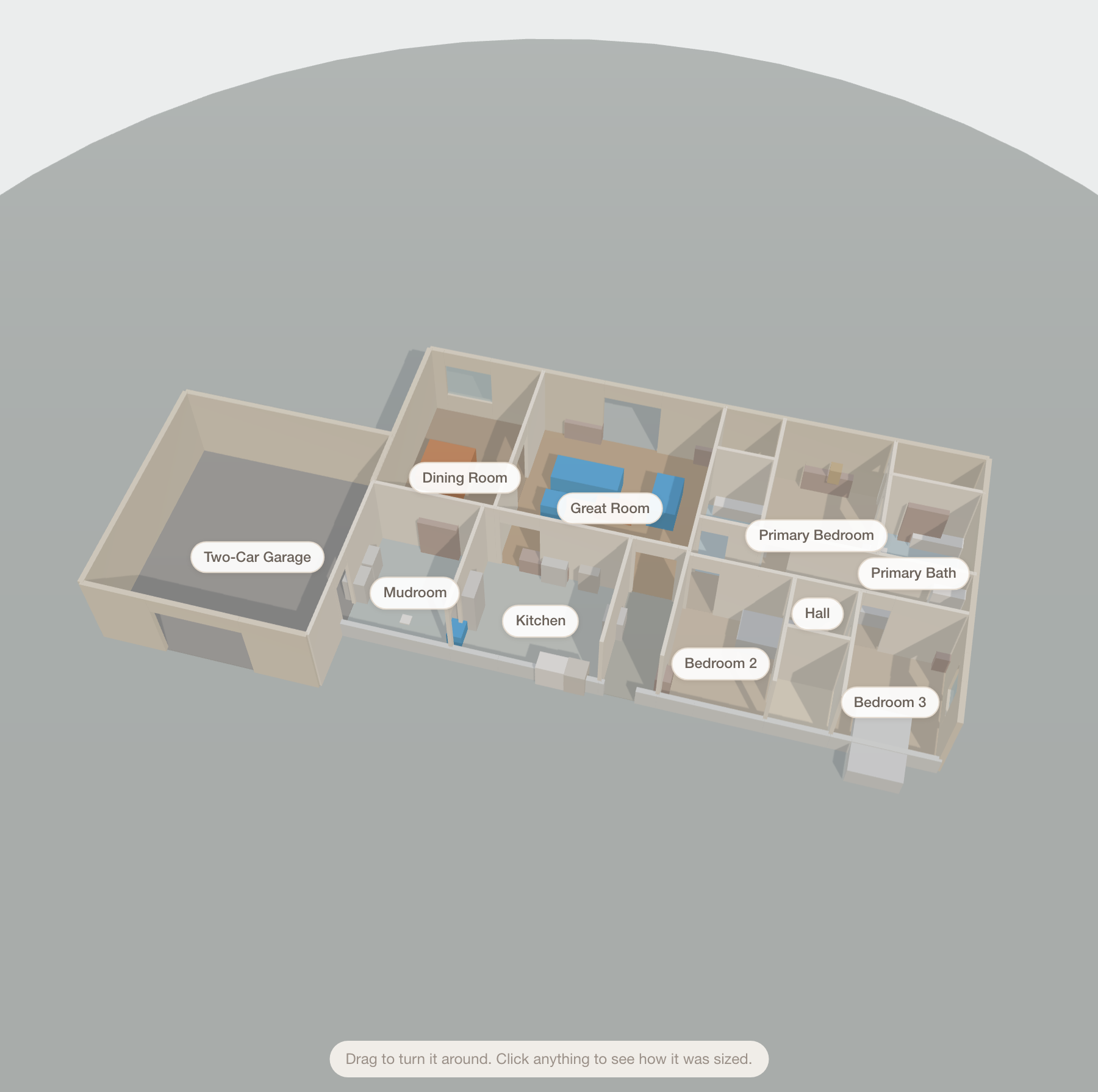 A pastel dollhouse with the front wall removed, showing furnished rooms laid out inside: a great room with a sofa and rug, a kitchen, bedrooms and bathrooms, all drawn to scale.